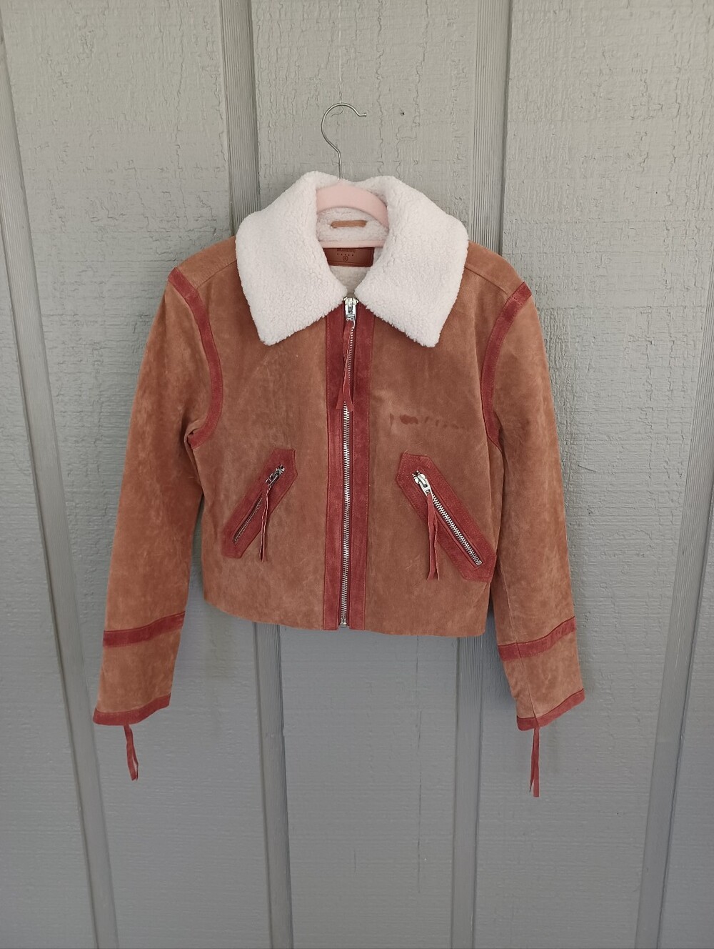 BLANKNYC Caramel Sauce Suede Jacket Size S Faux Shearling Collar Full Zip Pocket - Picture 2 of 15